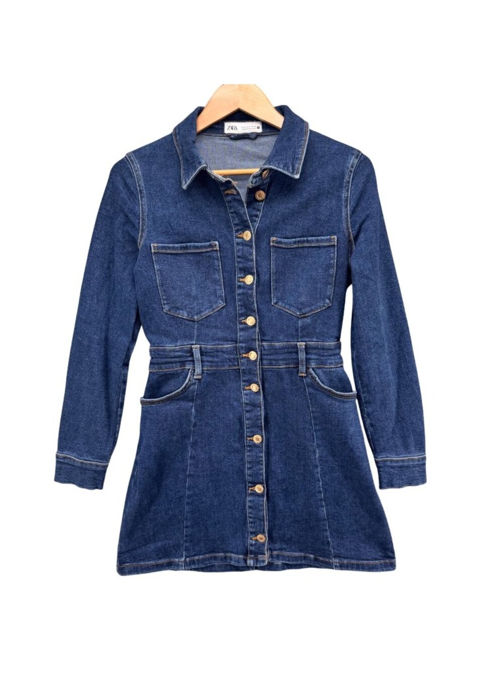 Zara Denim Mini Dress Womens Blue Long Sleeve Button Front Pockets Size M